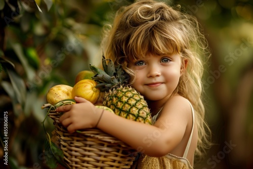 Adorable child embracing basket of fresh fruit in nature photo