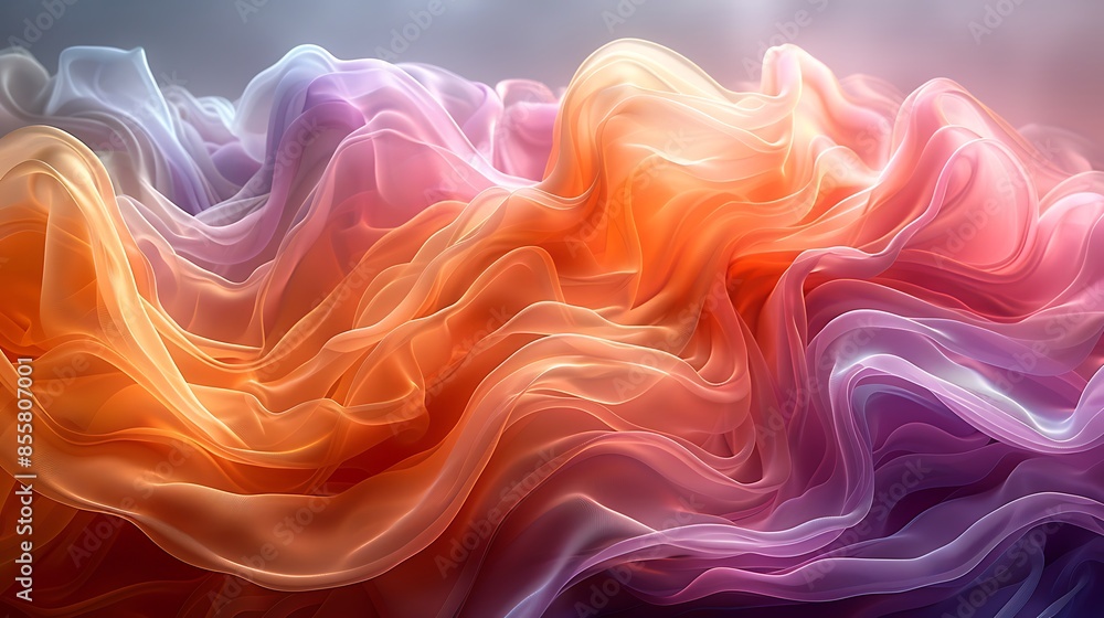 Obraz premium An artistic depiction of wave patterns created by colorful silk ribbons in the wind. The ribbons move fluidly, forming intricate wave shapes with vibrant colors, set against a soft, blurred backdrop