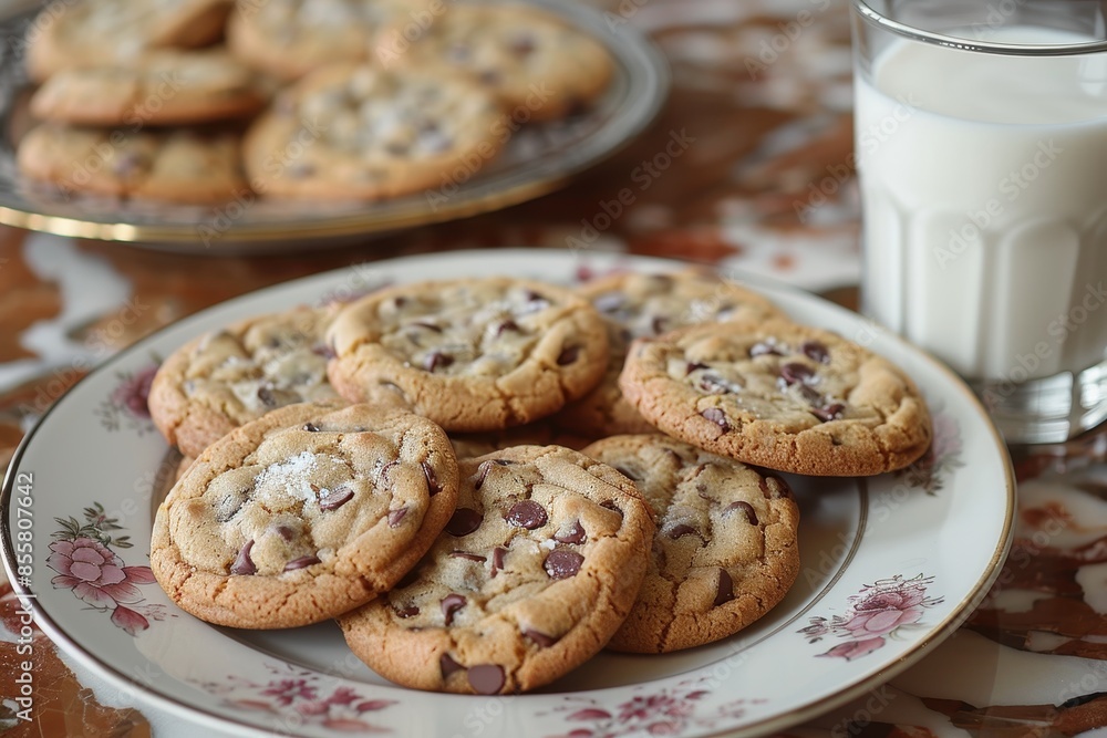 A plate of homemade cookies with gooey chocolate chips and a glass of milk beside it. A plate of homemade cookies with gooey chocolate chips and a glass of milk beside it.
