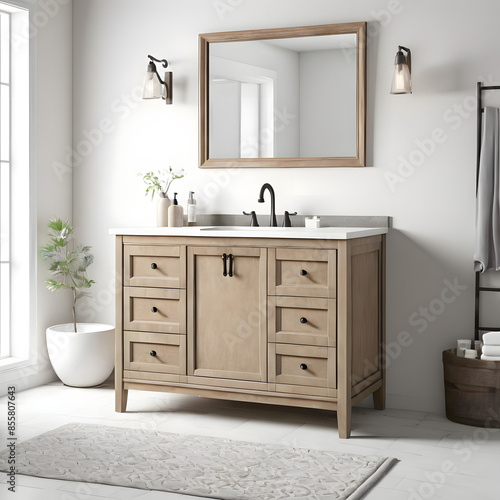 3D rendering of a Sink Bath Vanity in Weathered Tan with White Engineered Stone Top on a isolated white background,