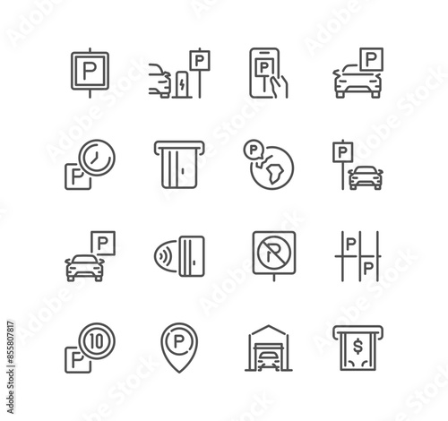 Set of parking related icons, parking garage, parking spaces, car park, paid, underground parking garage and linear variety vectors.

