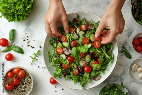 Frau bereitet Salat zu photo