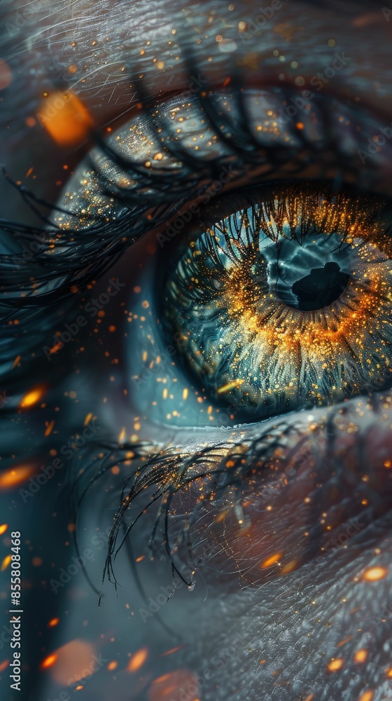 Close-Up of a Human Eye with Reflective Light and Sparkling Particles in a Macro Shot Close-Up of a Human Eye with Reflective Light and Sparkling Particles in a Macro Shot