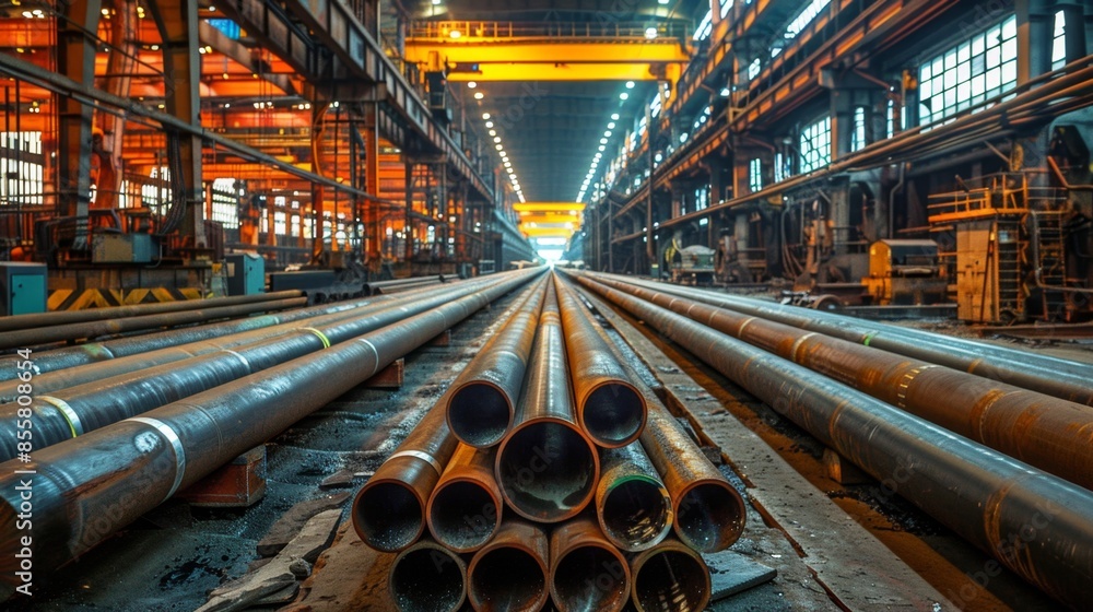 storage of produced pipes at a pipe rolling plant. production of large pipes in a factory storage of produced pipes at a pipe rolling plant. production of large pipes in a factory