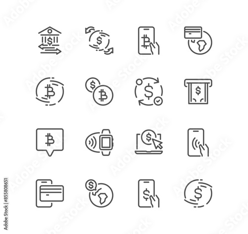 Set of money and payment method related icons, pay online, bank credit, mobile wallet, mobile payment, credit card and linear variety vectors.