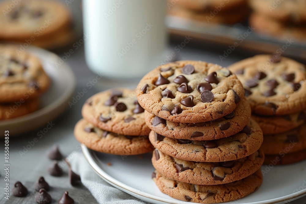 A plate of homemade cookies with gooey chocolate chips and a glass of milk beside it. A plate of homemade cookies with gooey chocolate chips and a glass of milk beside it.