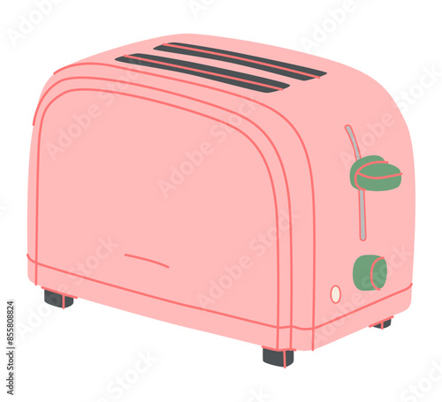 Toaster for hot toasts, electric appliance, kitchen tool. Domestic heat equipment, device. Flat vector illustration.