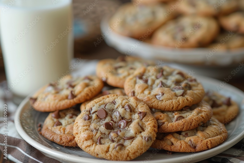 A plate of homemade cookies with gooey chocolate chips and a glass of milk beside it. A plate of homemade cookies with gooey chocolate chips and a glass of milk beside it.