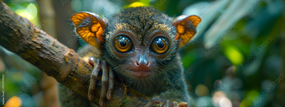 Close-up Philippine Tarsier (Tarsius syrichta) on tree in pure jungle ...