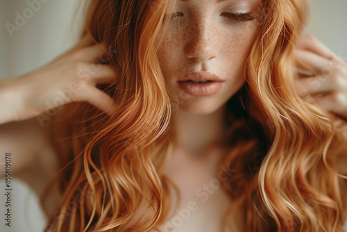 Close-up of a woman with red wavy hair, demonstrating the curly girl method