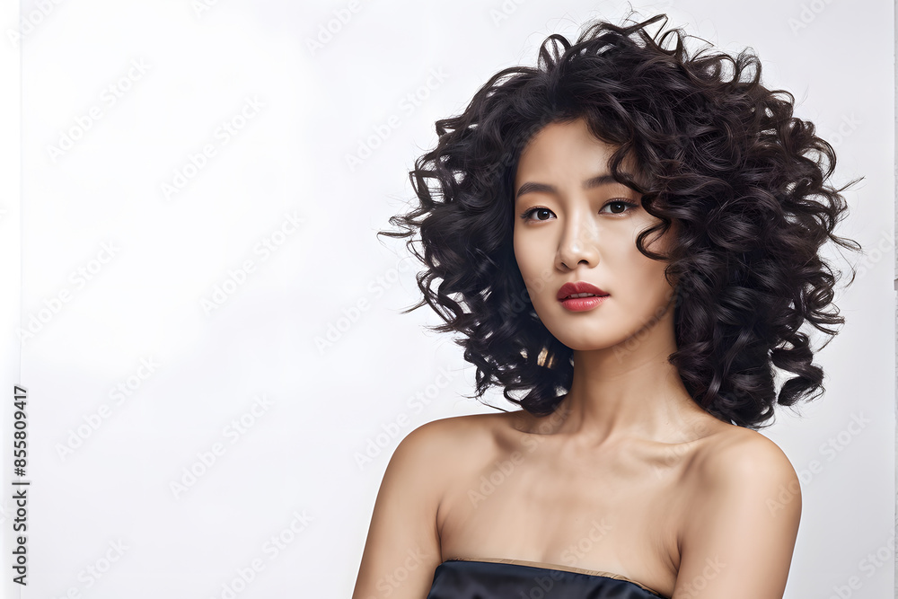 A woman with curly hair is standing in front of a white background A woman with curly hair is standing in front of a white background