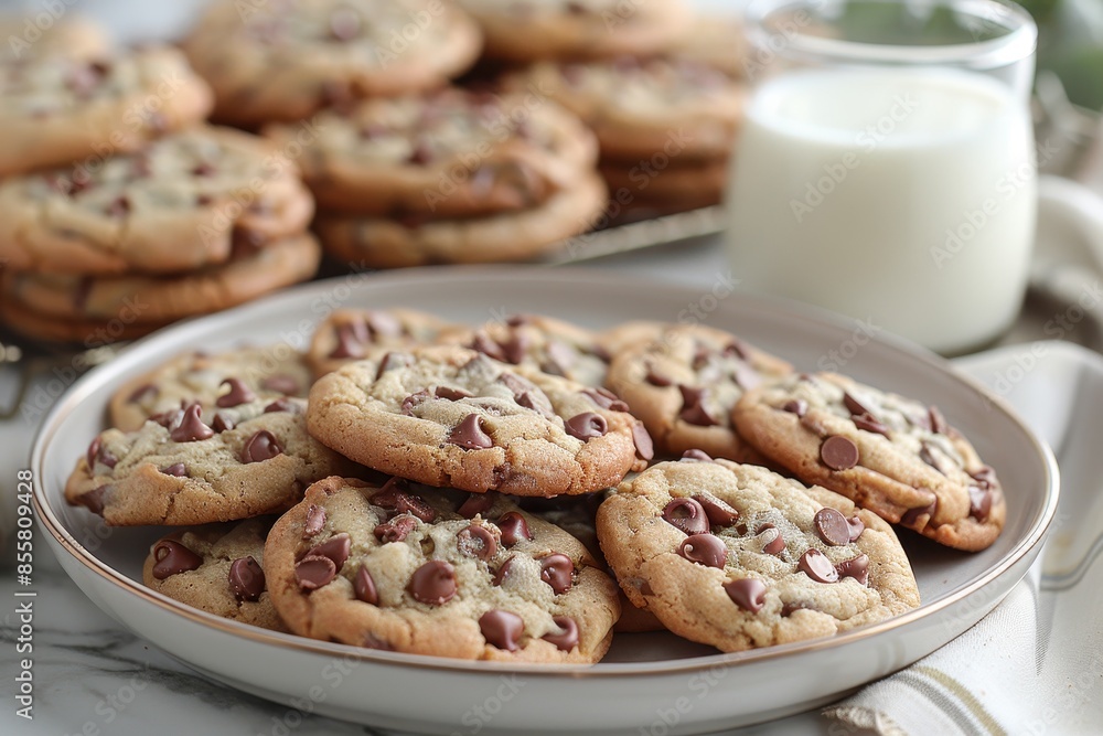 A plate of homemade cookies with gooey chocolate chips and a glass of milk beside it. A plate of homemade cookies with gooey chocolate chips and a glass of milk beside it.