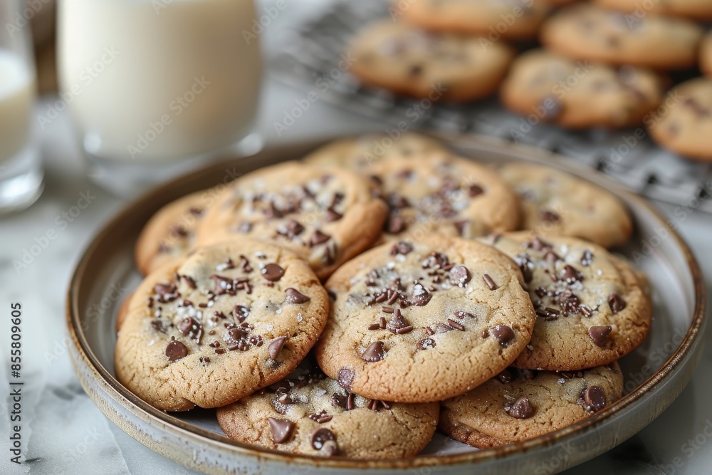 A plate of homemade cookies with gooey chocolate chips and a glass of milk beside it. 