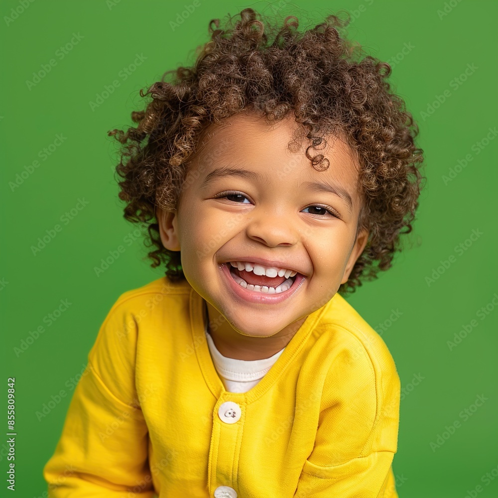 A child with curly hair, dressed in a bright yellow outfit, smiling joyfully against a solid green background, capturing the innocence and joy of youth. A child with curly hair, dressed in a bright yellow outfit, smiling joyfully against a solid green background, capturing the innocence and joy of youth.
