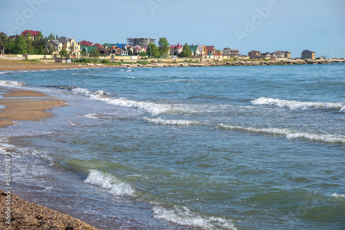 The coast of the Caspian Sea. The beach of the city of Derbent. Republic of Dagestan, Russia