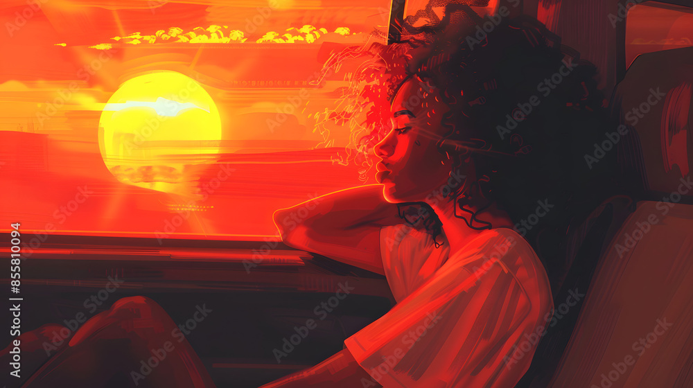 girl sitting in back seat and looking through taxi window at sunset girl sitting in back seat and looking through taxi window at sunset