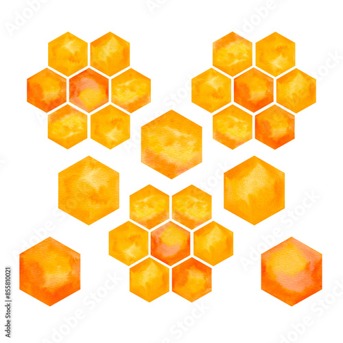 Honeycomb, watercolor pattern. Abstract hand drawn background texture. Honeycombs with honey