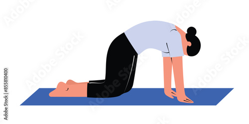 Woman is performing stretching with round back on a mat, healthy spine exercise. Hand drawn vector illustration, isolated on white background