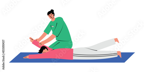 Physio therapist is helping his patient with exercise and rehabilitation. Physiotherapy treatment at the medical center. Hand drawn vector illustration in flat design, isolated on white background