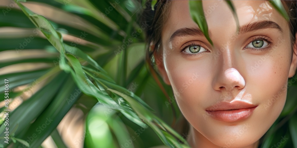 Cosmetic beauty and fashion banner with close-up portrait of a young beautiful woman outdoors in nature with copy space Cosmetic beauty and fashion banner with close-up portrait of a young beautiful woman outdoors in nature with copy space