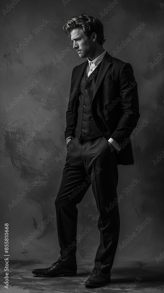 A man in a black classic suit against a black wall A man in a black classic suit against a black wall