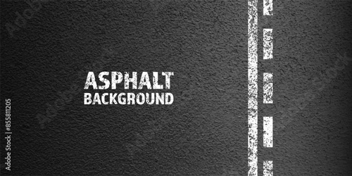 Asphalt road with white cracked lane marking, concrete highway surface, texture. Street traffic line, road dividing strip. Pattern with grainy structure, grunge stone background. Vector illustration