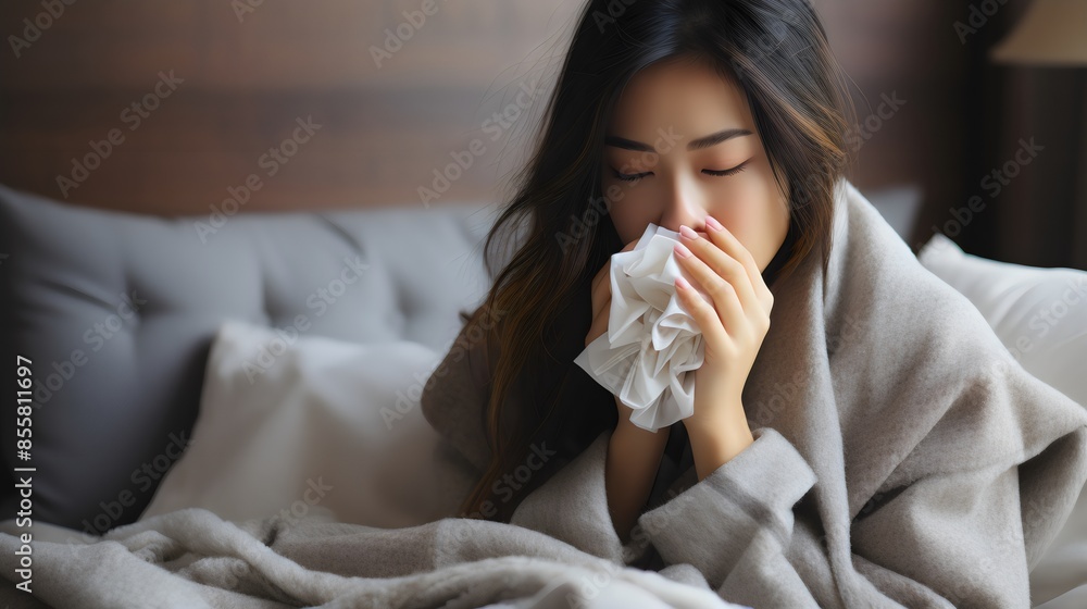Young ill woman in bed at home Young ill woman in bed at home