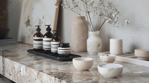 A close-up image of a space for displaying products on a neutral marble table 