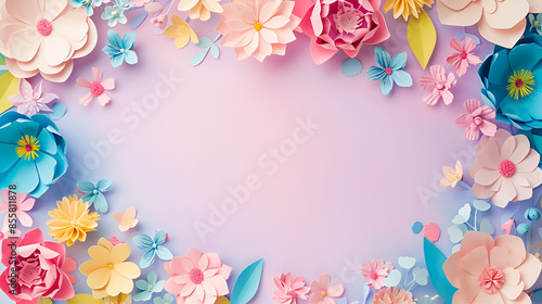 Beautiful colorful frame from papercut flowers on light pink backgroud