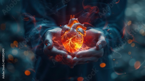 A pair of hands gently holding a glowing, detailed human heart, symbolizing care, health, and medical technology. Generative ai 