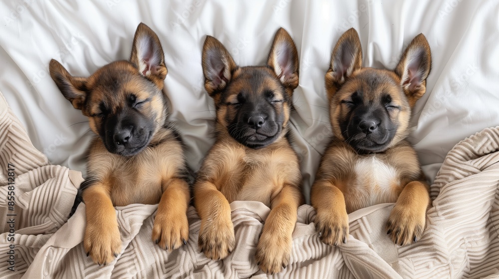 Obraz premium Three German Shepherd Puppies Sleeping In Bed