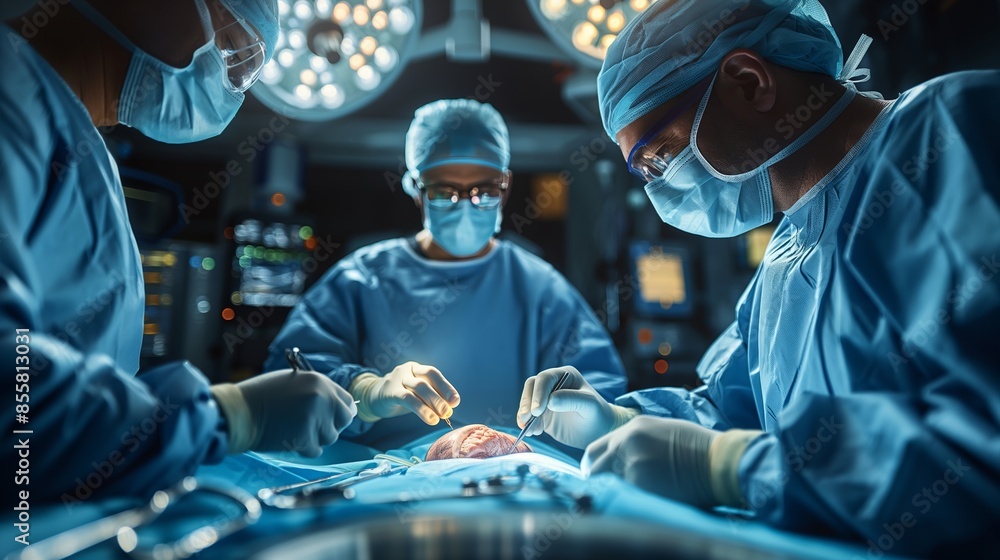 Surgeons in blue scrubs perform a meticulous operation under the intense light of an operating theater. Surgeons in blue scrubs perform a meticulous operation under the intense light of an operating theater.
