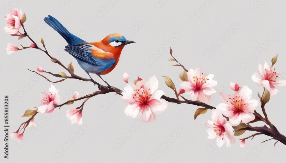 Beautiful illustration of a colorful bird perched on a cherry blossom branch. Delicate flowers and vibrant colors create a serene spring feel, watercolor concept art on white background Beautiful illustration of a colorful bird perched on a cherry blossom branch. Delicate flowers and vibrant colors create a serene spring feel, watercolor concept art on white background