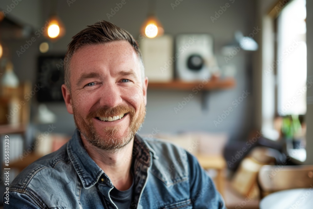Portrait of a grinning caucasian man in his 30s smiling at the camera over scandinavian-style interior background Portrait of a grinning caucasian man in his 30s smiling at the camera over scandinavian-style interior background