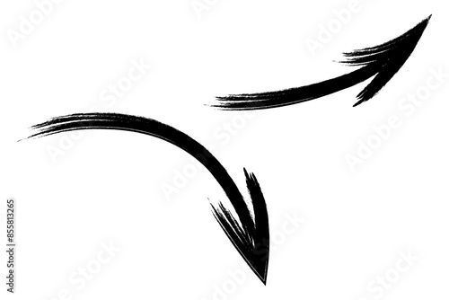 Two arrows. Sketch. A pair of black pointers pointing to the right, one up, one down. Hand drawn sign. Vector illustration. Directional signs made from brush strokes. 