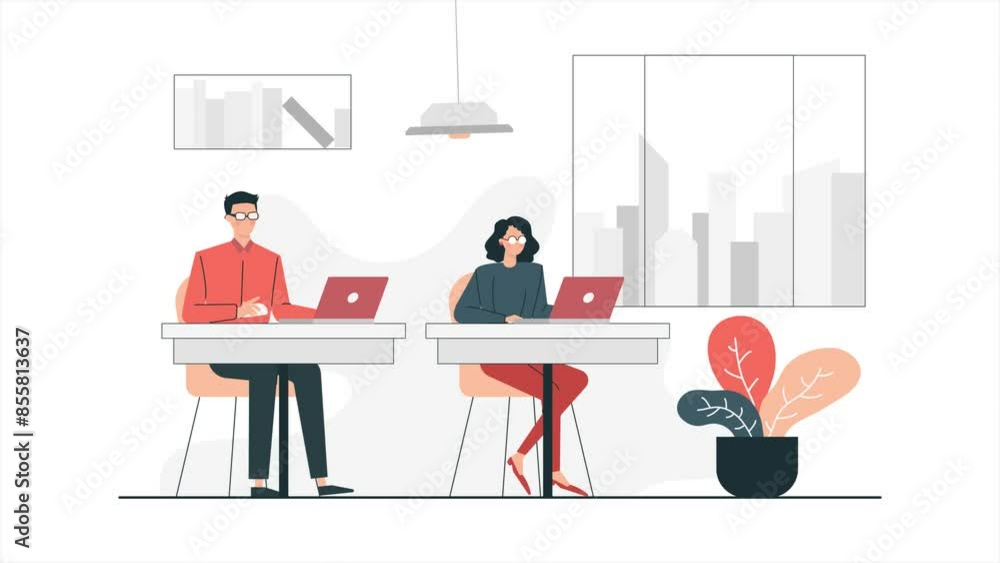 business team working together in office room near the window animated illustration video business team working together in office room near the window animated illustration video