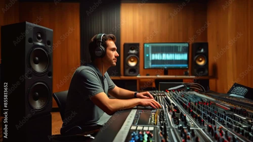 A man is sitting at a mixing console in a recording studio. He is wearing headphones and there are speakers and a computer monitor in front of him. A man is sitting at a mixing console in a recording studio. He is wearing headphones and there are speakers and a computer monitor in front of him.