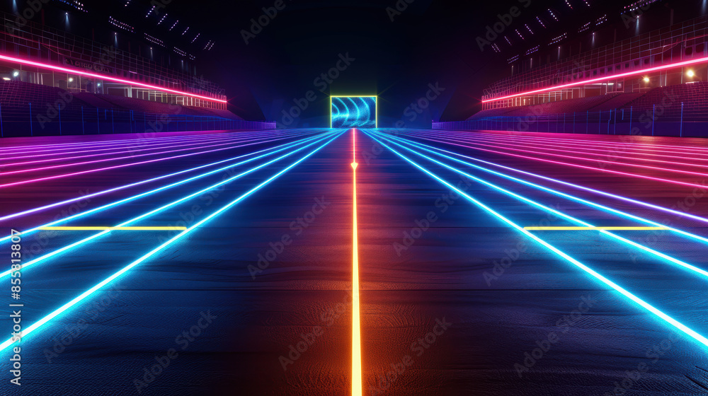 A stadium with neon lights and a large screen A stadium with neon lights and a large screen