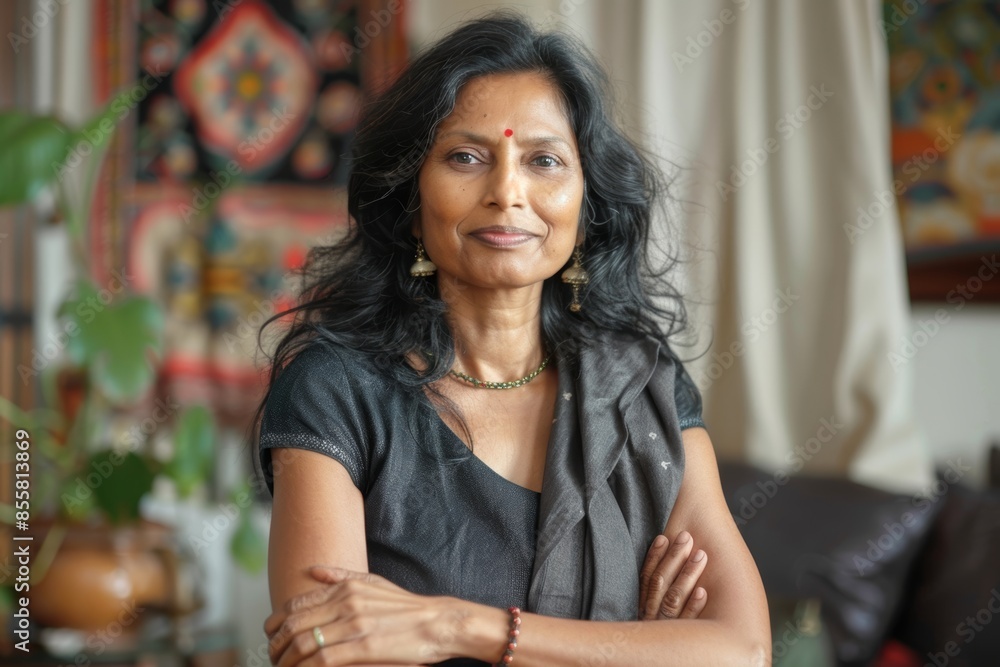Portrait of a content indian woman in her 40s with arms crossed in front of scandinavian-style interior background Portrait of a content indian woman in her 40s with arms crossed in front of scandinavian-style interior background