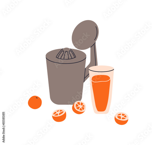 Juicer, orange juice in glass. Fresh fruit drink, juice maker for healthy beverage. Kitchen appliance for squeezing homemade natural refreshment. Flat vector illustration isolated on white background