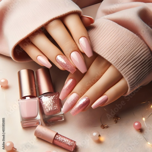 Beautiful model girl with Pink manicure on nails . Fashion makeup and cosmetics