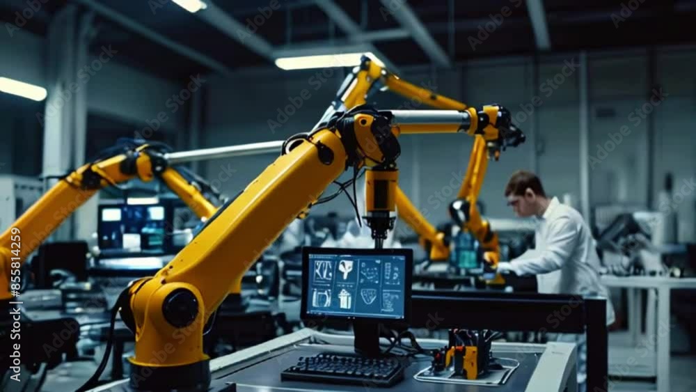 There is a person in a white lab coat working on a computer in a factory. There are several robotic arms near the person. There is a person in a white lab coat working on a computer in a factory. There are several robotic arms near the person.
