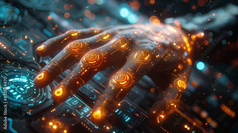In an editorial style, a businessman focuses on a virtual screen with financial charts, his hand interacting with sci-fi themed internet technology. An orange hologram adds to the futuristic vibe In an editorial style, a businessman focuses on a virtual screen with financial charts, his hand interacting with sci-fi themed internet technology. An orange hologram adds to the futuristic vibe