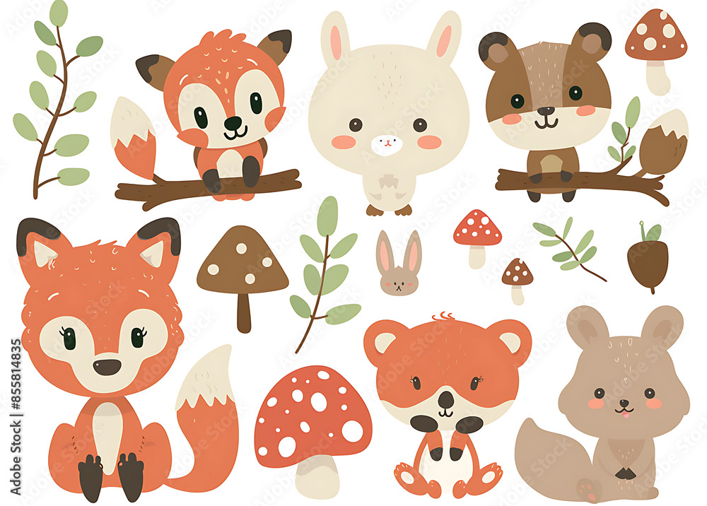 Fototapeta premium Vector Clip Art Set of Cute Woodland Animals - Foxes, Bears, Deer, Squirrel, Rabbit, Owl, and More with Forest Elements in Simple Cartoon Style