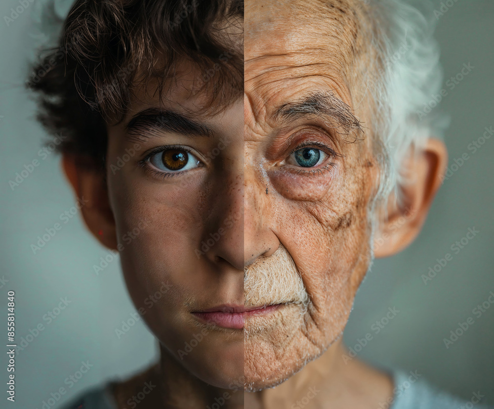Ein Gesicht, das in zwei Teile geteilt ist, Alt, Jung Ein Gesicht, das in zwei Teile geteilt ist, Alt, Jung