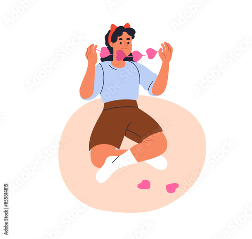 Girl making handmade heart decoration. Kid crafting valentines day adornment. Cute happy child with handcrafted hand-made decor, DIY hobby. Flat vector illustration isolated on white background