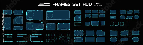 Big set of blue frames for HUD user interface. Vector set of neon frames. Modern set with frames and windows for interactive correspondence. HUD interface elements blank templates with frames