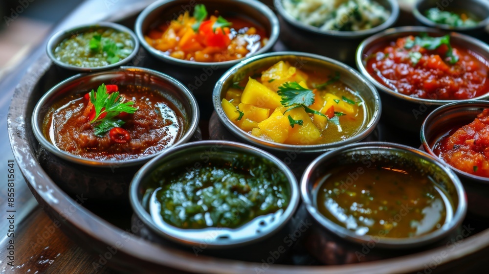 A tray of assorted pickles and chutneys including mango pickle, lime pickle, and mint chutney A tray of assorted pickles and chutneys including mango pickle, lime pickle, and mint chutney