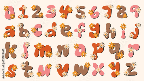 Groovy retro daisy alphabet letters and numbers set. Hand lettered spring and summer font. Hand drawn vector illustrations.
