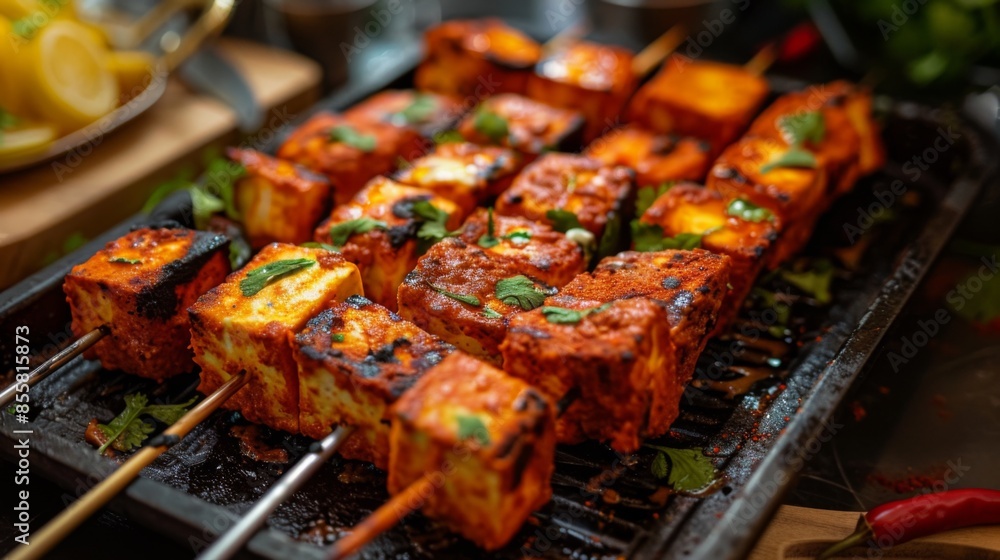 A tray of homemade paneer tikka skewers marinated in yogurt and spices, grilled to perfection A tray of homemade paneer tikka skewers marinated in yogurt and spices, grilled to perfection